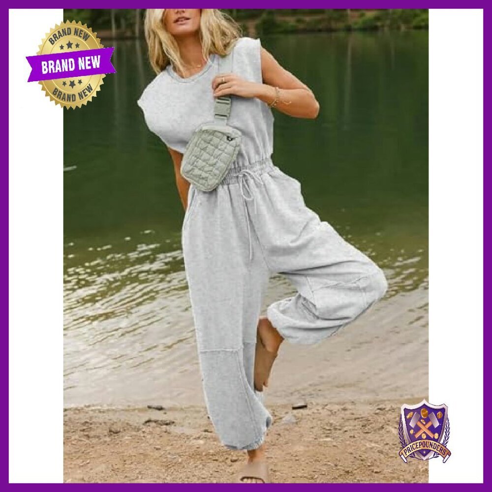 Women's Casual Jumpsuit Crewneck Cap Sleeve Wide Leg Drawstring Pockets - Picture 3 of 8